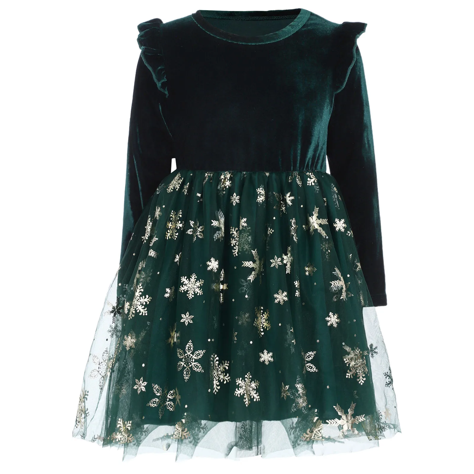 Kids Girls Christmas Princess Dress Long Sleeve Snowflake Print Velvet Mesh Tutu for Xmas New Year Party Thanksgiving Day