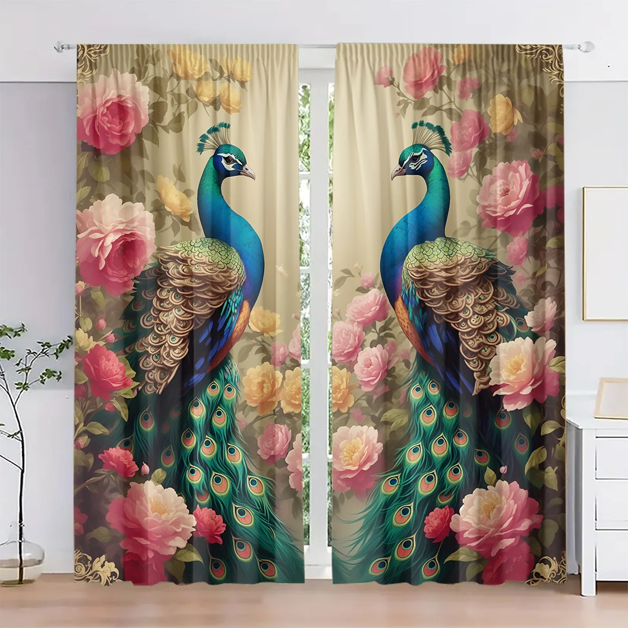 

Retro peacock and floral patterns Print Drapes Room Darkening Window Curtains Home Decor,Rod Pocket Blackout Curtains Bedroom