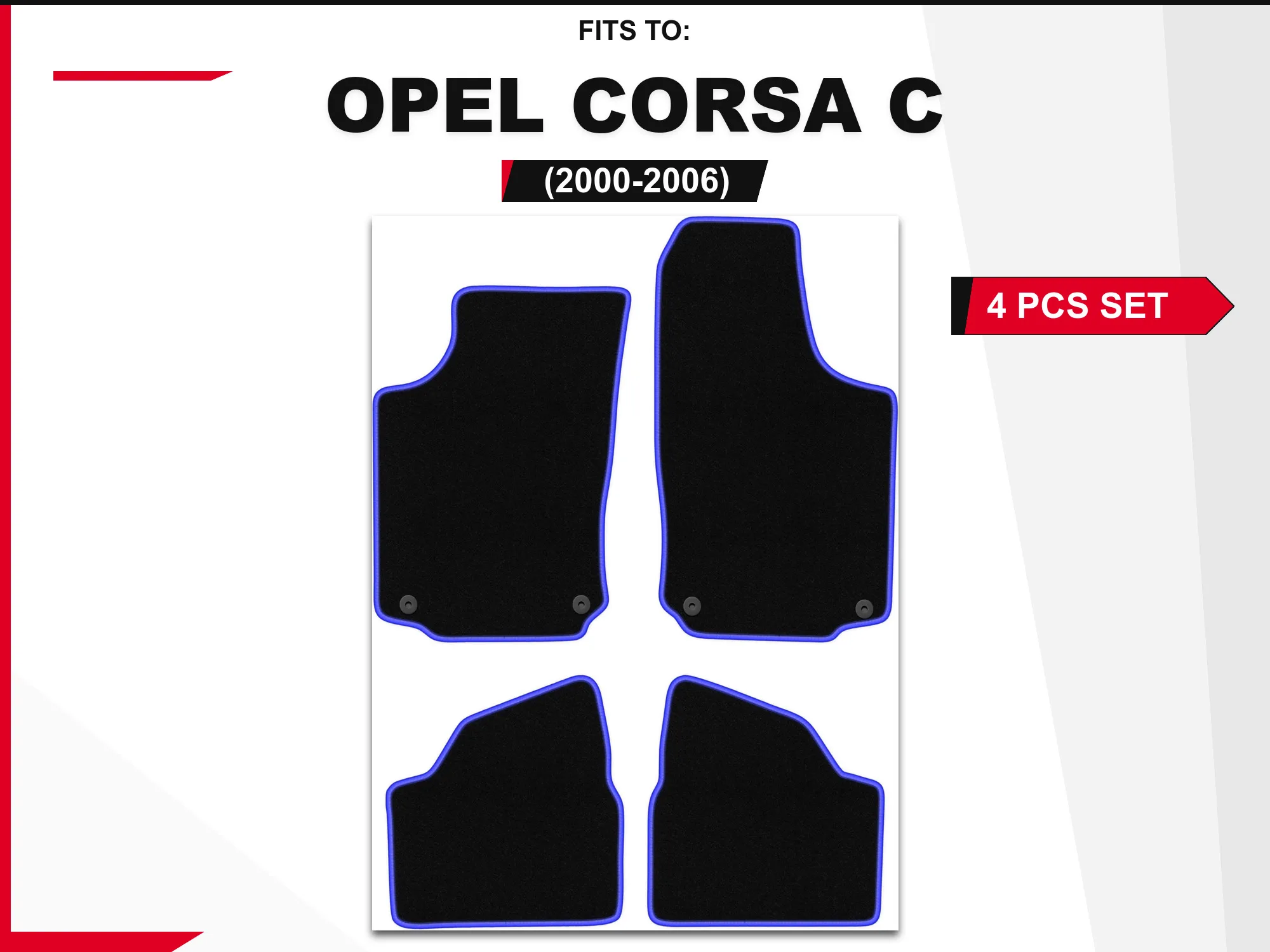 Velourstapijten voor: Opel Corsa C 2000-2006 hatchback zwart en blauw bijpassende set autovloerbedekking