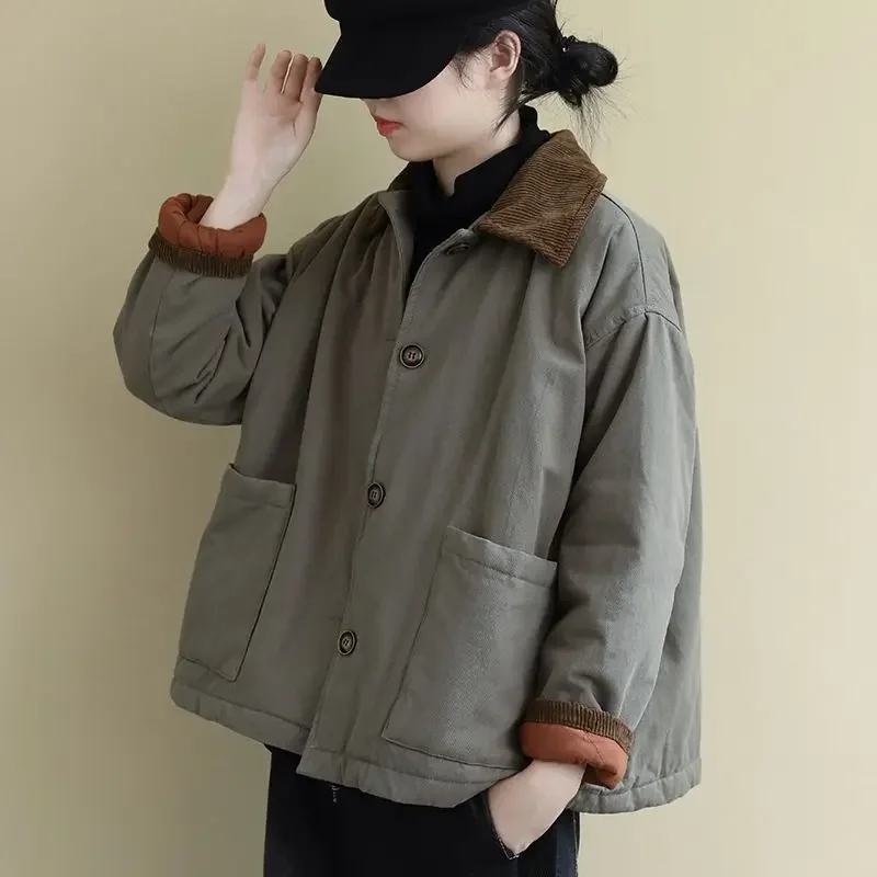 Winter Dameskleding Parka Warme Oversized Katoenen Jas Met Één Rij Knopen, Lange Mouw, Vintage Bovenkleding Van Hoge Kwaliteit