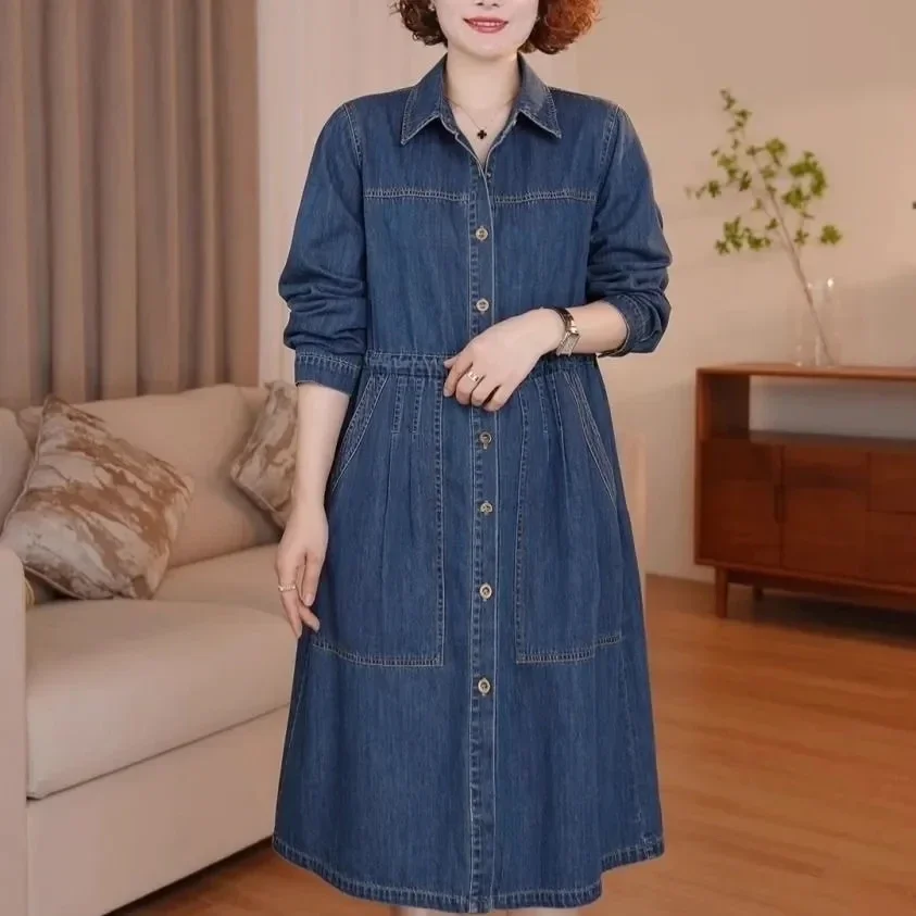 أزياء عارضة قميص الدنيم اللباس الربيع والخريف موسم المرأة الجديدة طويلة الأكمام واحدة الصدر فضفاض XQ318