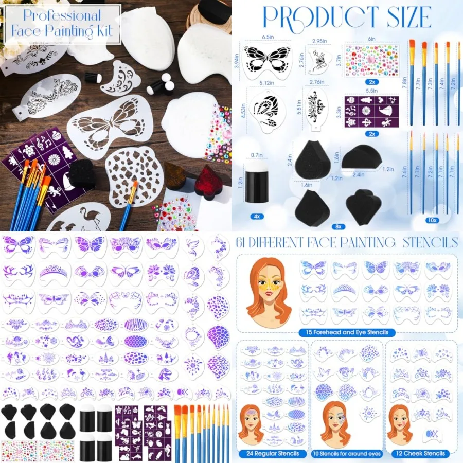 

89 Pcs Face Paint Stencils Kits Includes 61 Reusable Facial Painting Stencils with 6 Stickers 12 Face Paint Sponges 10 Painting