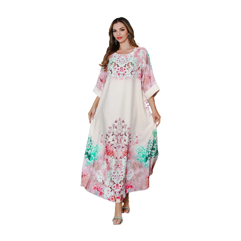 Verão novo vestido muçulmano impresso festa médio oriente vestido longo abaya strass impresso robe