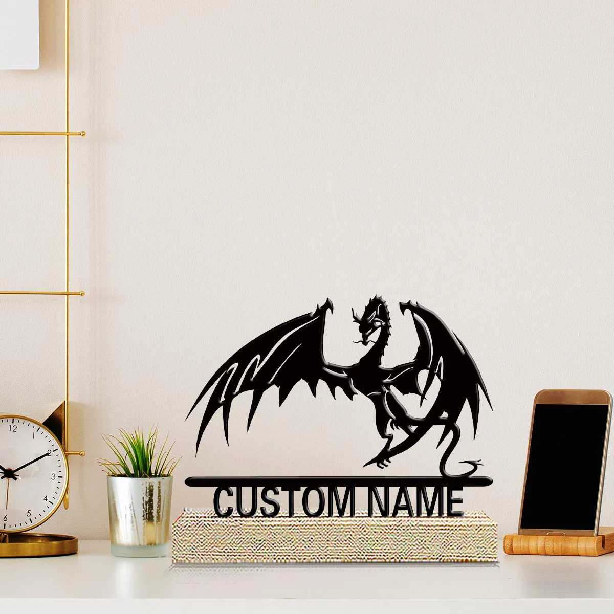1pc Customized Minimalist Metal Ornaments Customizable Name Equipped with Wooden Base Desktop Decorations,Office Decorations