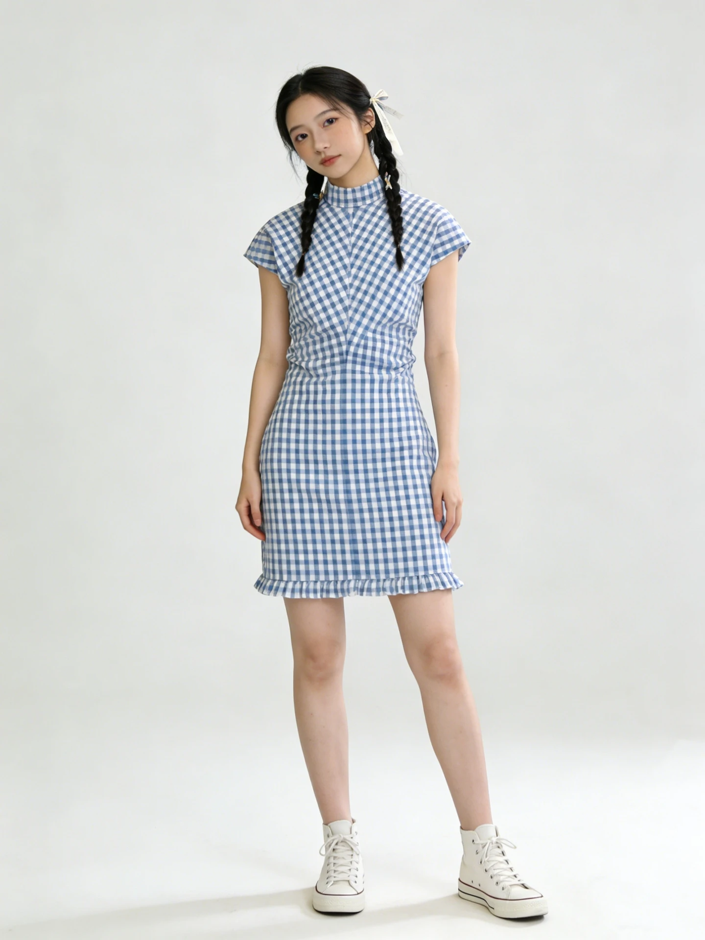

DesiGar Stylish Japanese Blue White Plaid Waist-Cinching Short Sleeve Vest Dress Slim High Collar Summer Casual Dress for Women