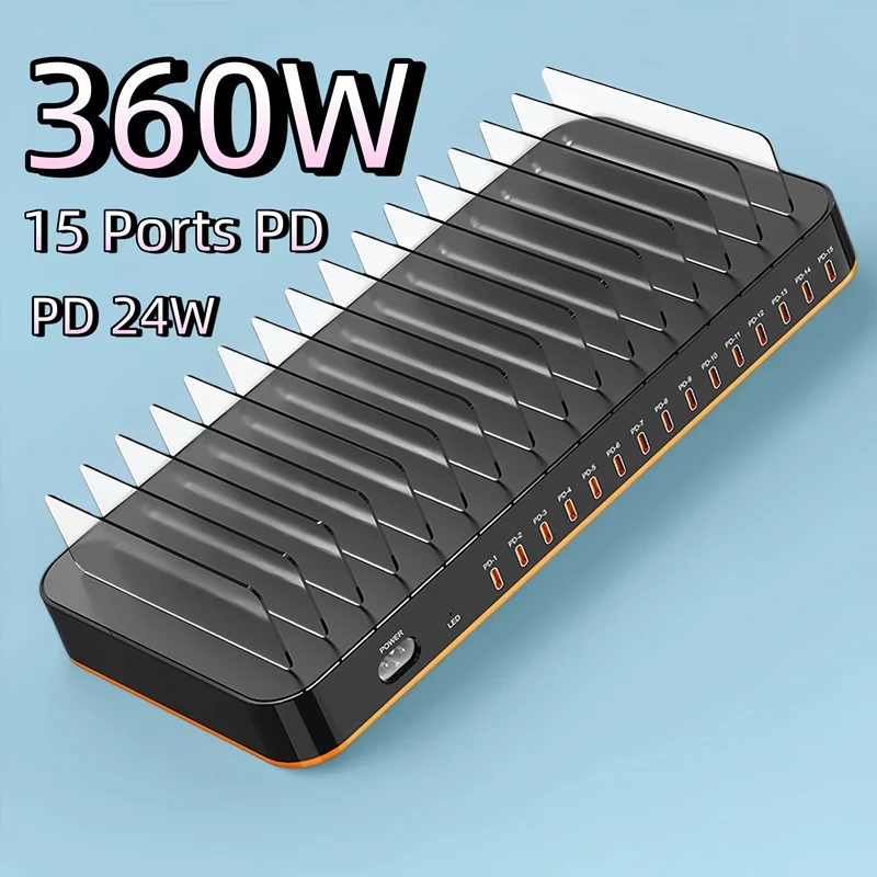 

Универсальное зарядное устройство USB PD 360 Вт, 15 портов USB Type C, станция быстрой зарядки 24 Вт для Ipad Iphone 16 15 14 13 12 11 Samsung S25 Tablet