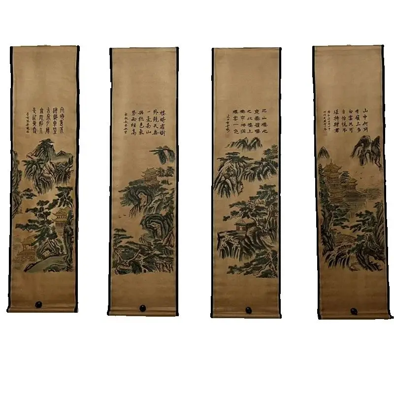 Chinese Ancient Paper Calligraphy Paintings Scrolls Famous Murals Wangyun Attic Pavilion Four Pairs of Artwork Decorations
