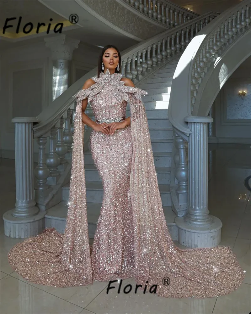 Glamorous Dubai Pink Sequin Beaded Formal Evening Dress with Cape Sleeve Sparkly Mermaid Red Carpet Party Gowns Robe de mariee