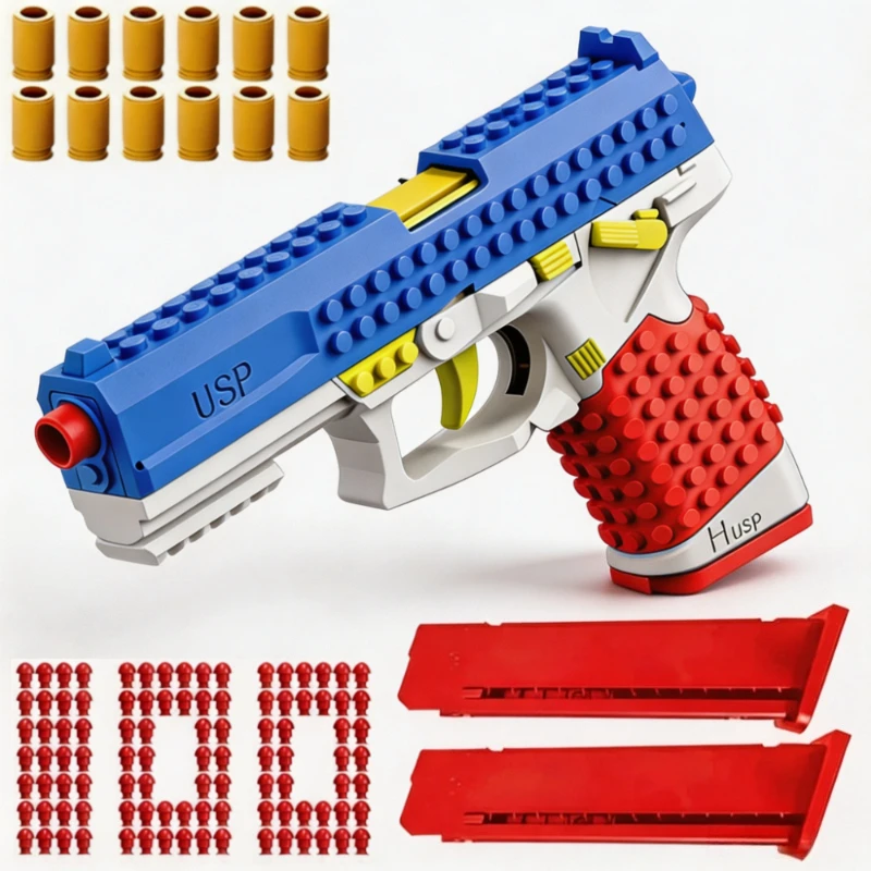 Toy Gun USP Building Blocks DIY Assembly Ejector Mechanism Multiple Shot Toy Soft Powder Educational Model Pistol