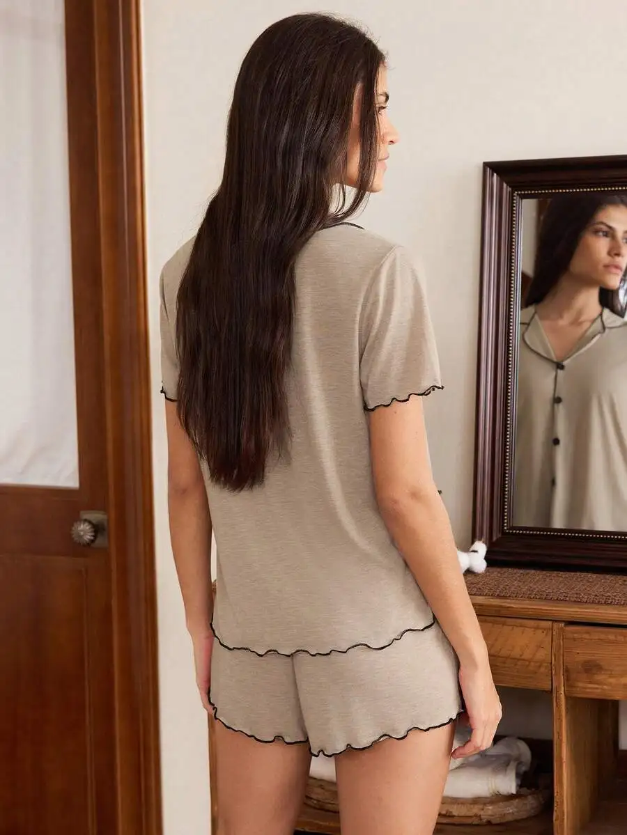 

Womens Khaki Minimalist Lapel Open Front Frill Trim Lightweight Soft Knit Gauze Short Sleeve Shorts Pajama Set