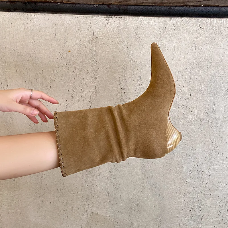Women's Camel Suede Mid Calf Western Cowboy Boots Pointed Toe Low Heel Woven Detail Retro Charm Ladies Autumn Office Street Boot