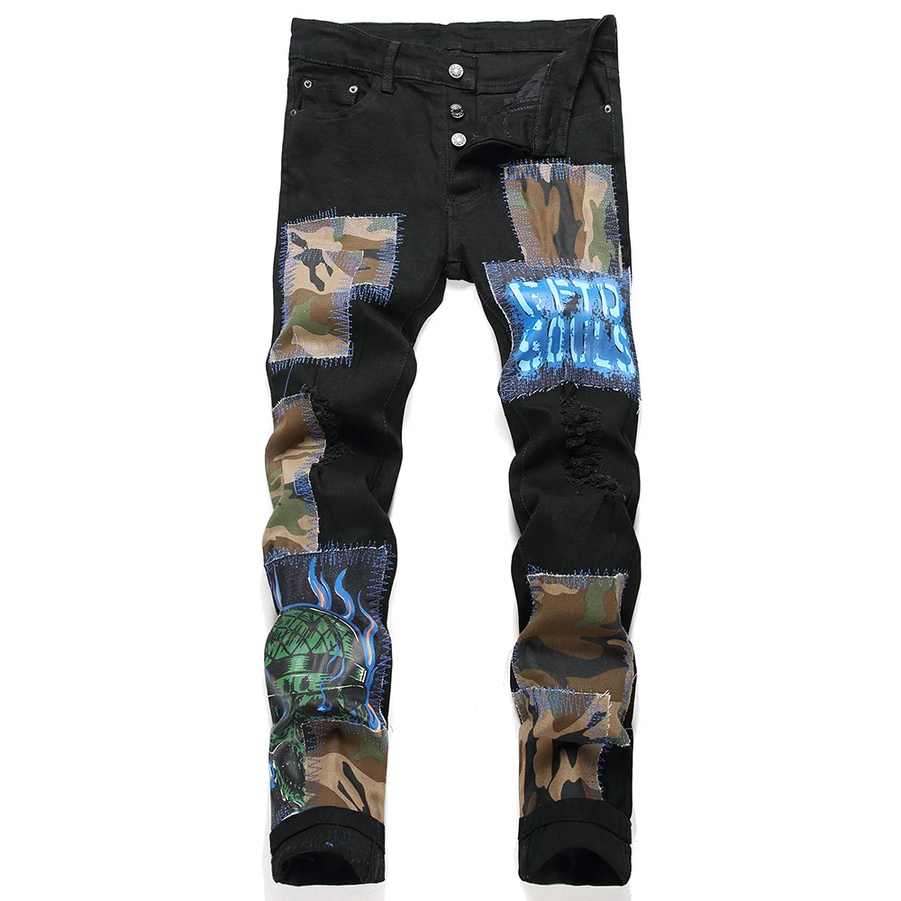 

Men Camouflage Patches Stretch Denim Jeans Punk Black Slim Tapered Pants Streetwear Buttons Fly Holes Ripped Trousers