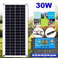 30W Solar Panel Kit 18V/5V Dual USB Solar Cell Flexible Solar Panel with 10-60A Controller for Car Yacht Phone Battery Charging