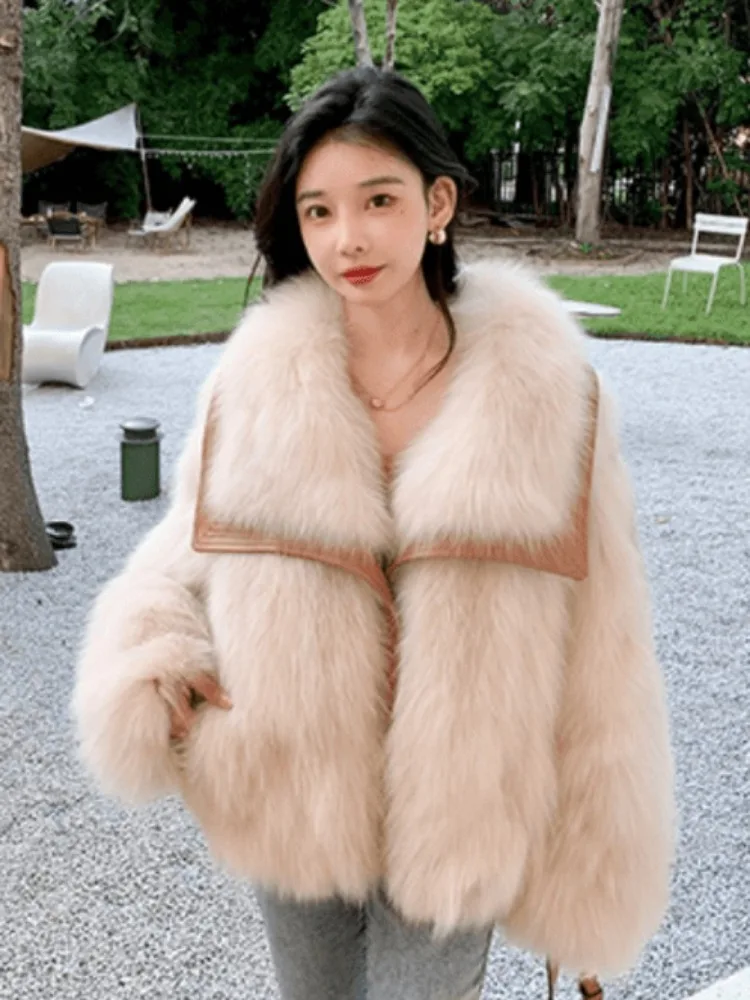 Fur Coat Women Winter Warm Fluffy Jacket Faux Fur Coat Leather Patchwork Long Sleeve Streetwear Luxury Brand Designer Clothing