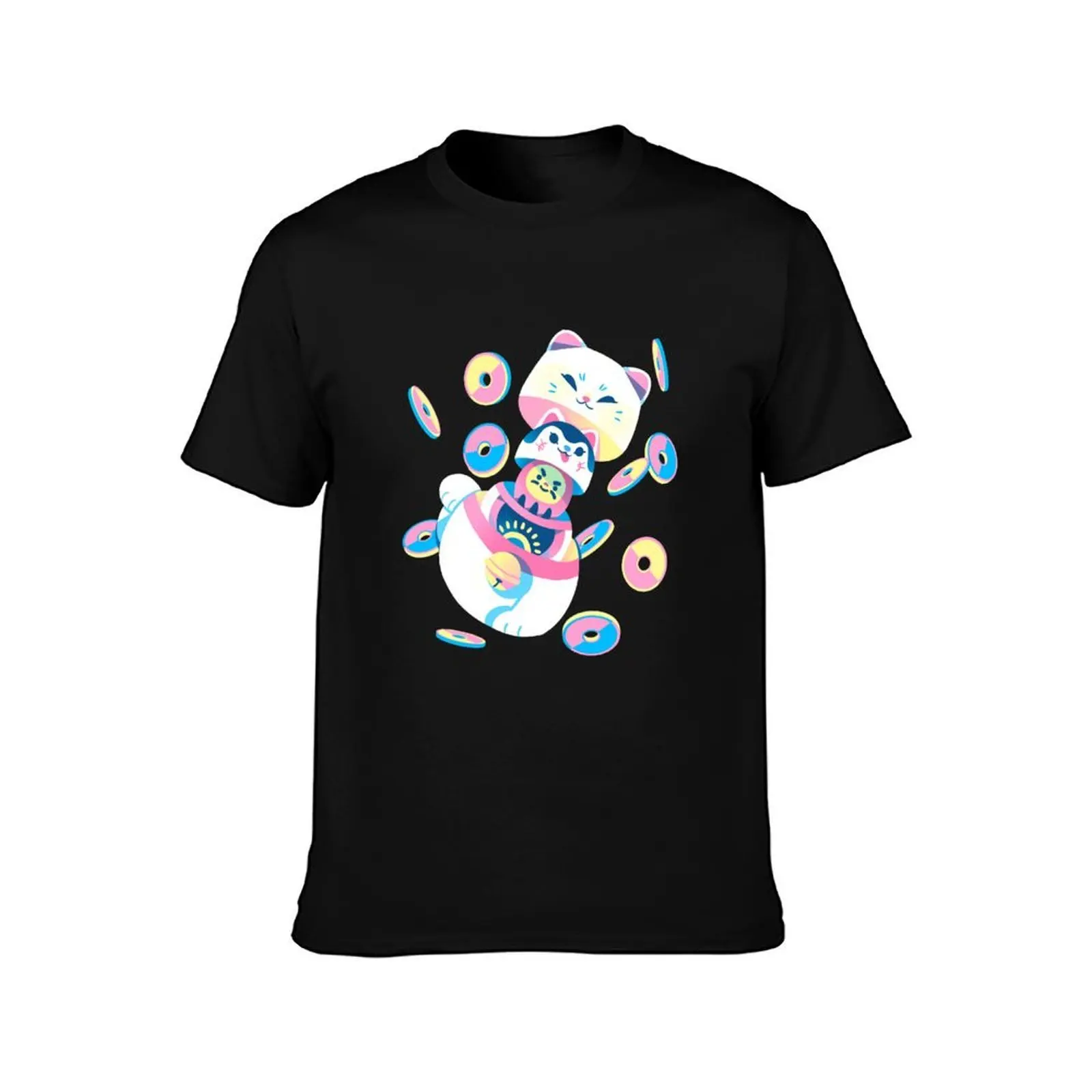 Matryoshka Maneki Neko T-Shirt, Summer Casual Cotton Tee, Oversized Streetwear Tops, Vintage Graphic Print, Unisex Men Women