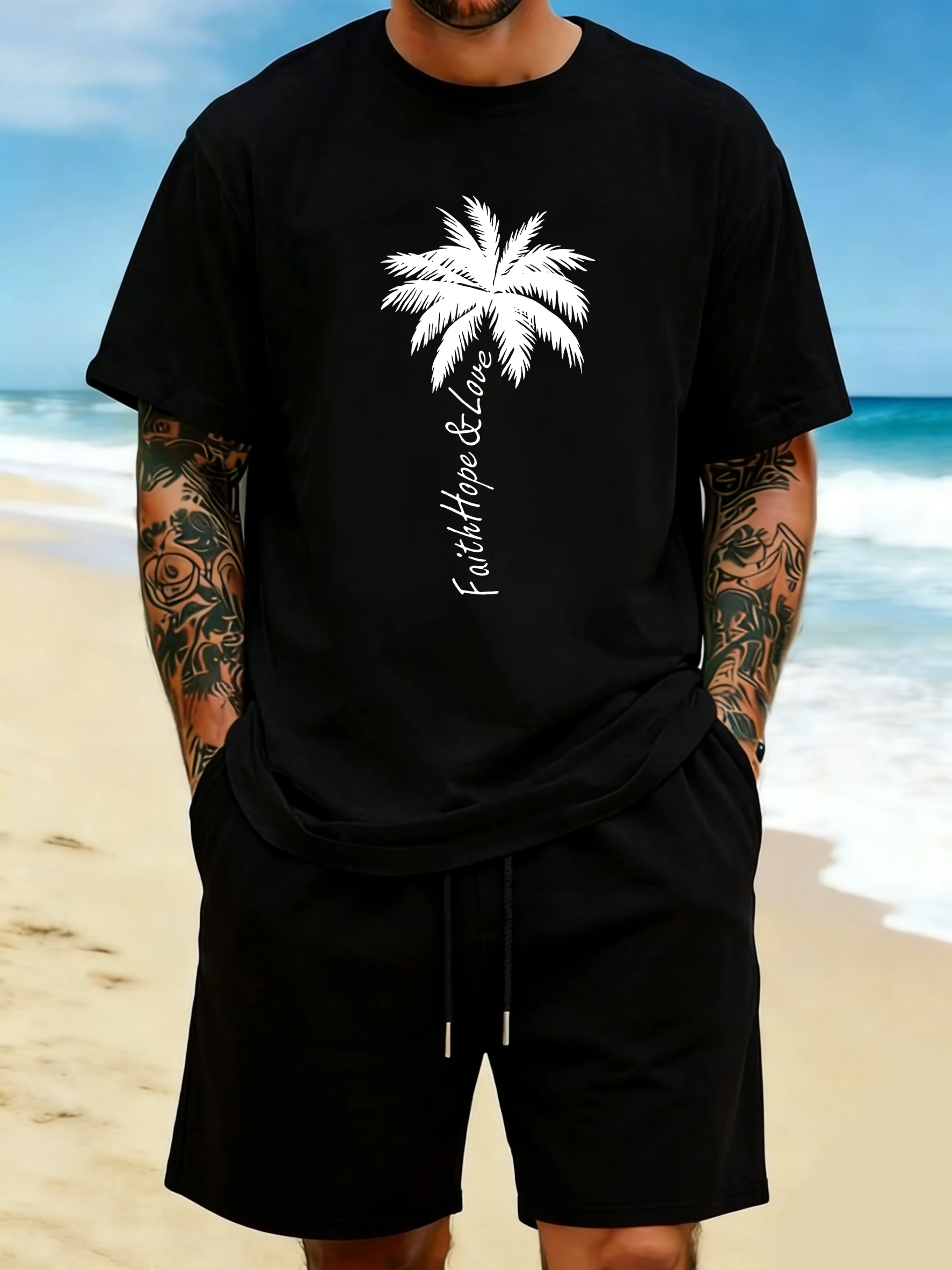 Faith Hope Love Coconut Tree Prints Men Soft Comfy T Shirts Summer O-Neck T-Shirt Loose Cotton Top Street All-Match Sportswear