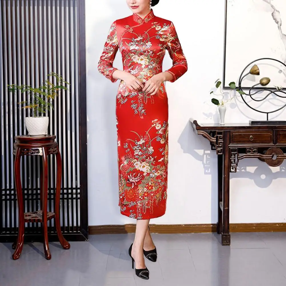 Chinese Style Qipao Dress Elegant Chinese Floral Print Cheongsam Dress with Stand Collar Side Split Slim Fit Satin for Summer