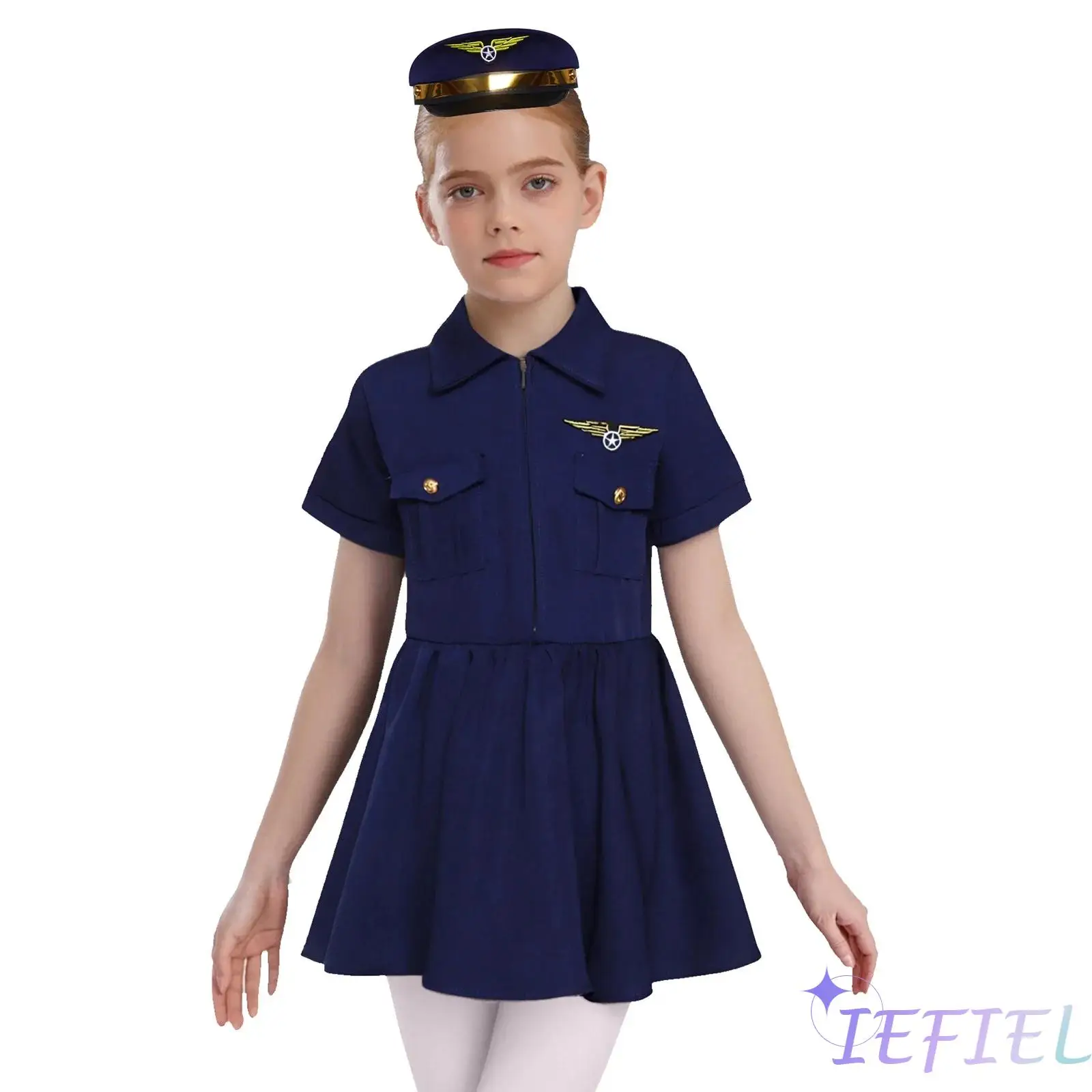 

Junior Aviator Costume Set Girls Realistic Pilot Dress with Cap Turn-Down Collar Flap Pockets Front Zipper Halloween Roleplay