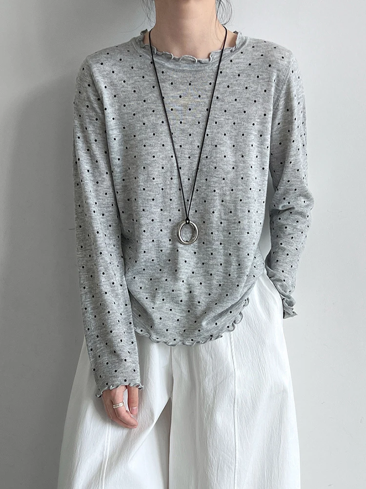 Women Beige Dot Ruffles Thin Elegant Knitting T-shirt New Round Neck Long Sleeve Fashion Tide Spring Autumn