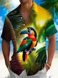 

Fashionable short sleeved versatile bird casual collar shirt trend, suitable for casual or vacation short sleeved casual shirt