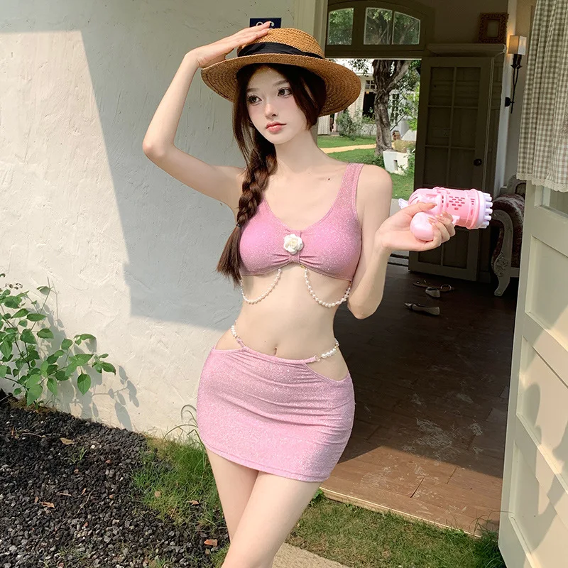 ملابس الشاطئ النساء 2024 موضة النساء بيكيني بلون الوردي ملابس السباحة عارية الذراعين مثير Tankini قطعتين الربيع الساخن ملابس السباحة S-L