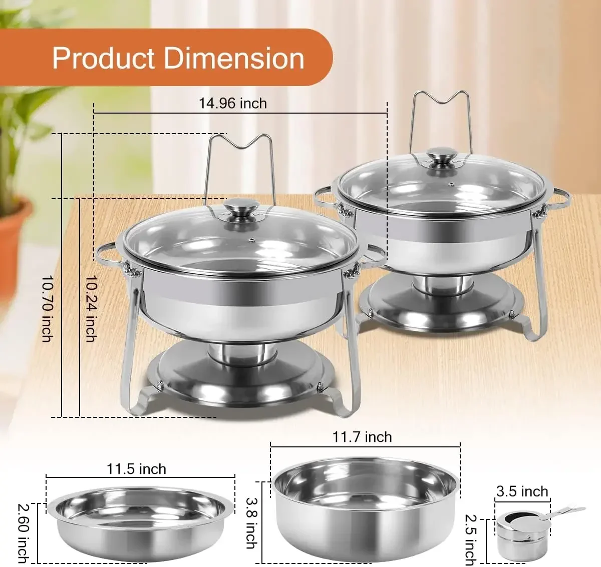 6 Packs Ronde Chafing Schaal Buffet Set, 4 Qt Roestvrij Staal Chafing Schalen Met Glazen Deksel & Deksel Houder,