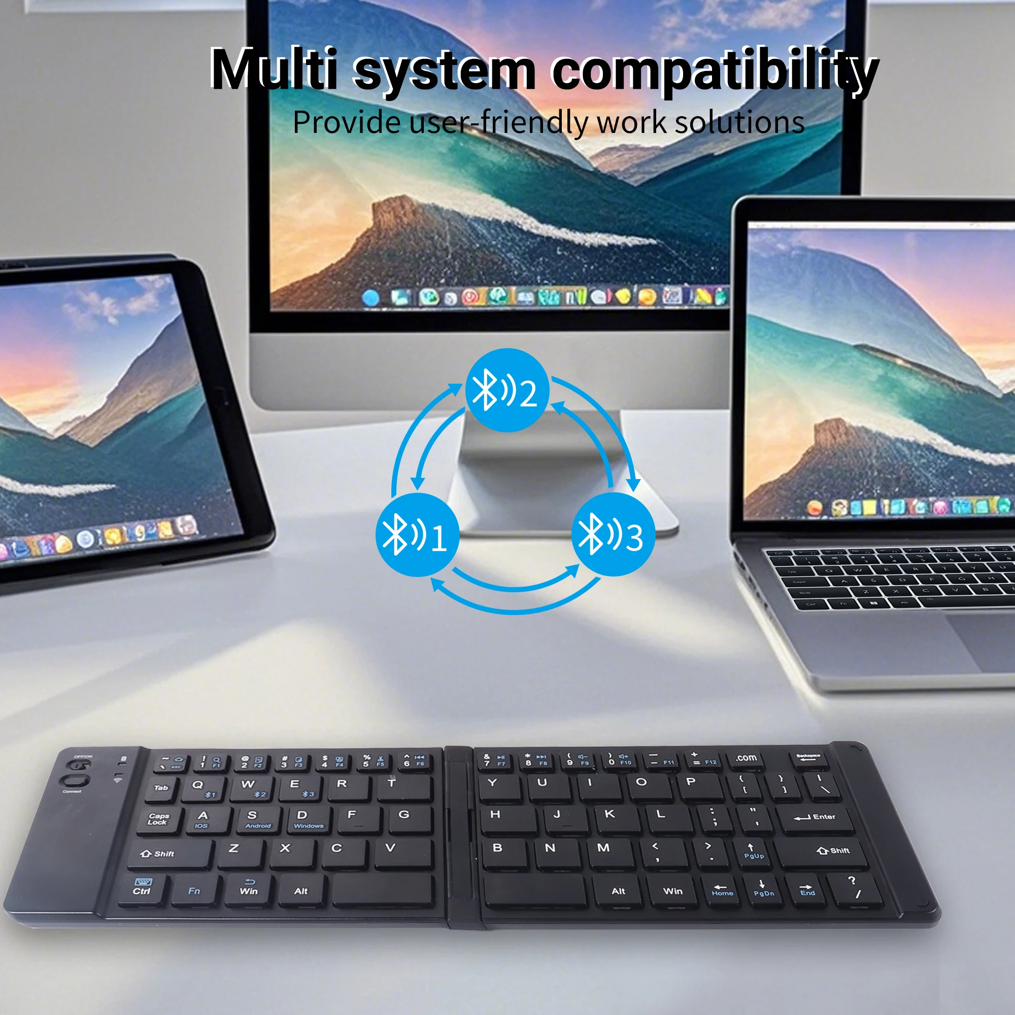 

Wireless Bluetooth Keyboard Foldable Light Weight Portable Rechargeable Connect Three Devices Office Use System Compatibility