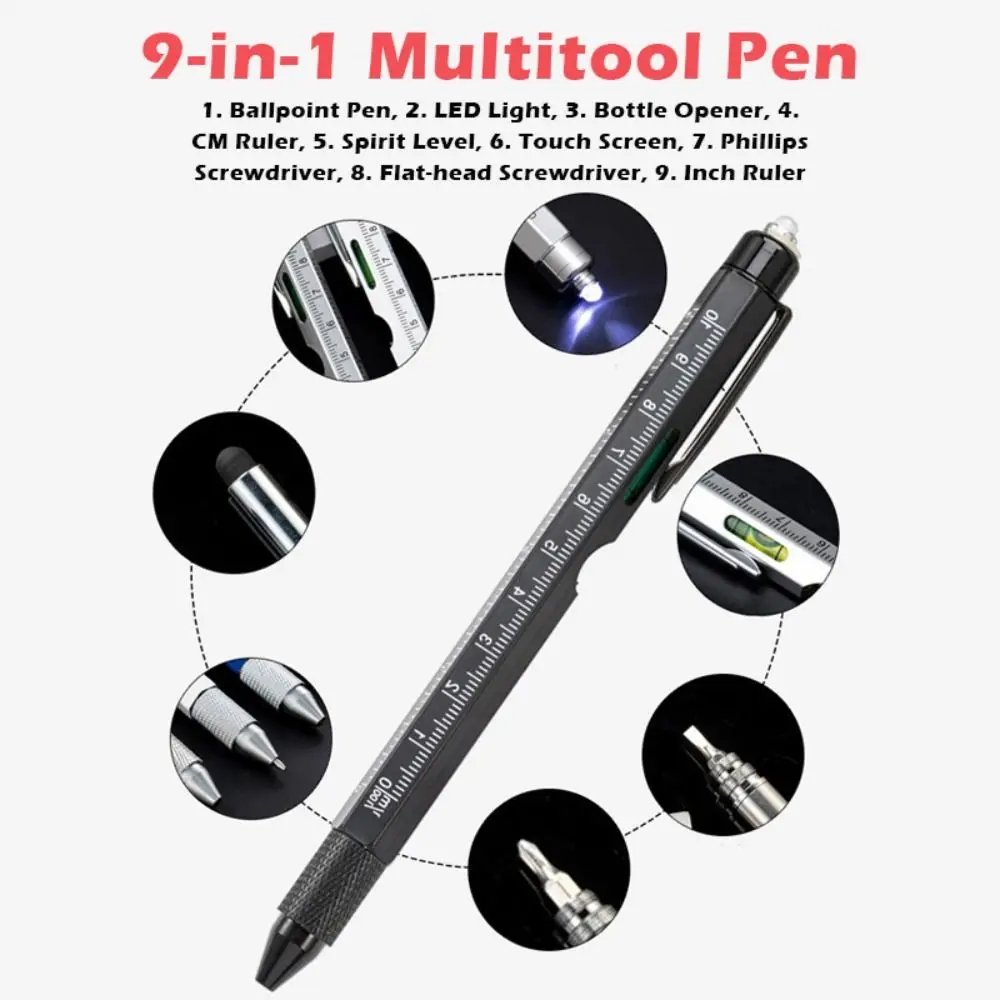 

Металлическая многофункциональная ручка 9-в-1 со светодиодной подсветкой, отвертка, линейка, уличный инструмент, ручка, шариковая ручка, письменные принадлежности