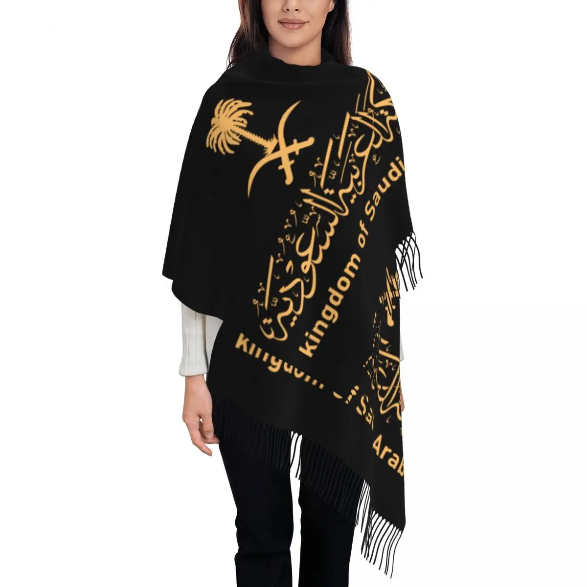 Custom Female Long Kingdom Of Saudi Arabia Scarves Women Winter Thick Warm Tassel Shawl Wraps Arabic Emblem Calligraphy Scarf