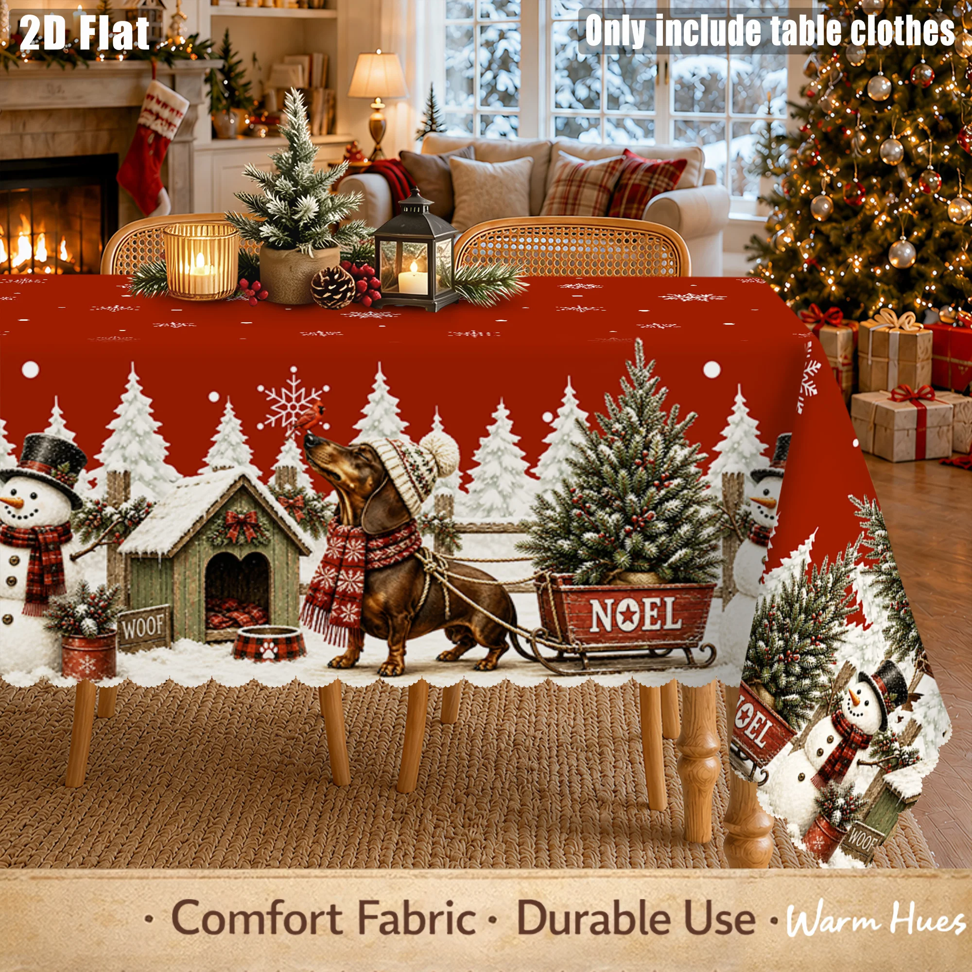 1 piece, 2D flat Christmas dachshund tablecloth, red winter dog, snowman, Christmas tree, snowflake, sled, doghouse print