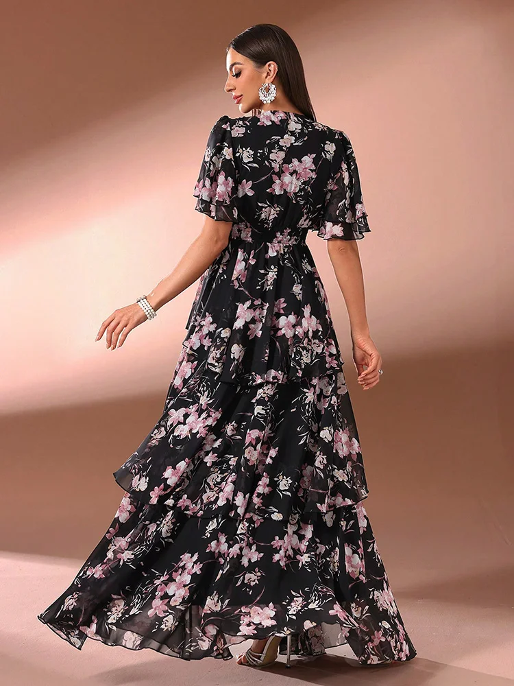 TOLEEN-Women Floral Print Long Maxi Dress, V-Neck Clothing, Ruffle Sleeve, Tiered Hem, Formal Party, Casual Elegant, Summer 2024