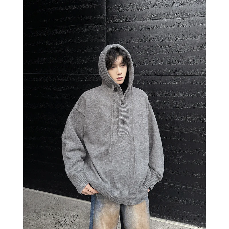 [OIMG] Autumn And Winter New Semi Cardigan Hooded Men's Loose Casual Pullover Knitted Sweater Top