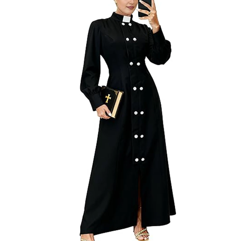 Women Clergy Dress Elegant Black A-Line Maxi Sleeveless Dress with Double-Breasted Buttons Stand Collar Church Costume