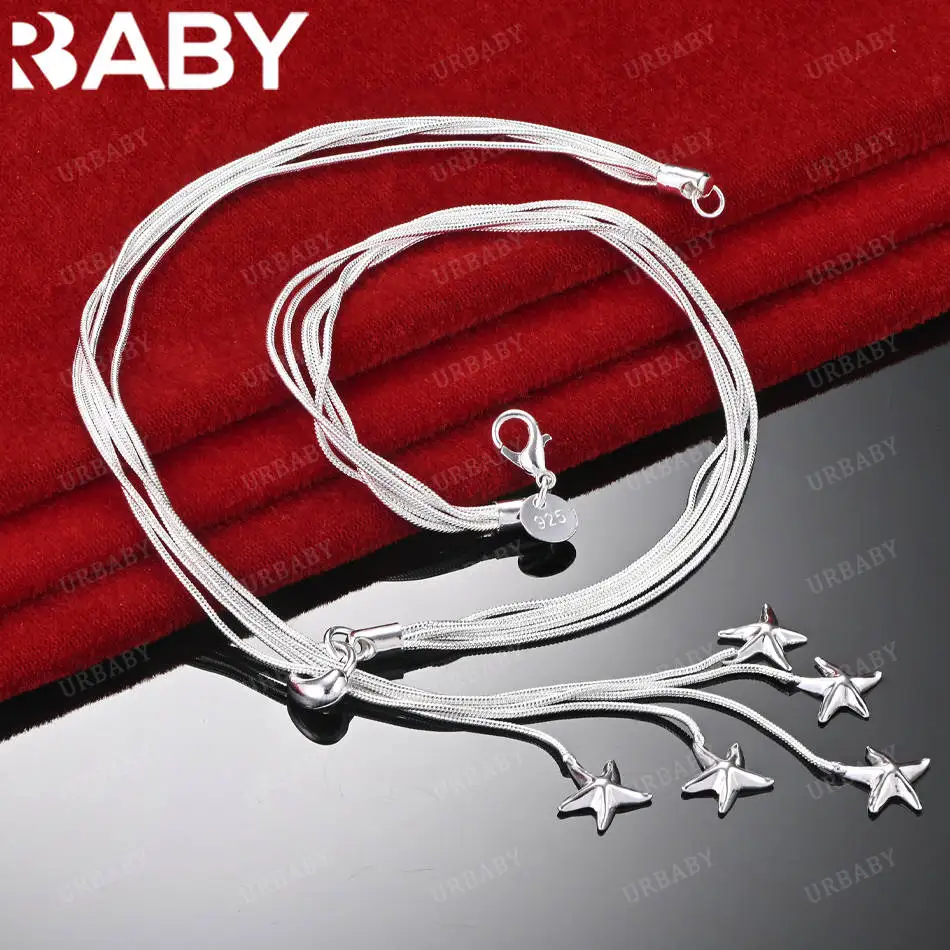

URBABY 925 Sterling Silver Five Starfish Multi Snake Chain Necklace For Women Fashion Jewelry Cute Grace Birthday Gift Party