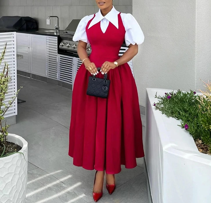 

Women's Dress 2025 Autumn Winter Elegant Bubble Sleeve Shirt Neck High Waist Look Slim Maxi Dress Long Skirt Fake Two Piece