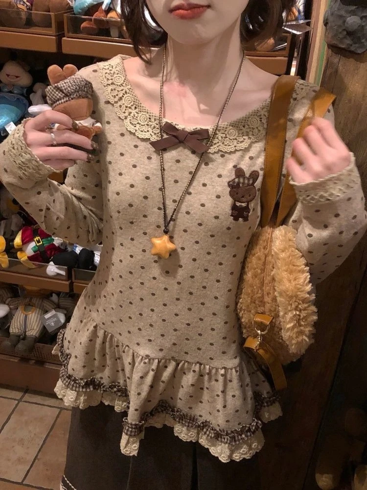 Camisetas con Estampado Lindo Estilo Harajuku 2026 para Mujer, Color Beige con Puntos, Dobladillo con Volantes, Estilo Y2K, Casual, con Ribete de Encaje, Moda Verano, Estilo Urbano Chic