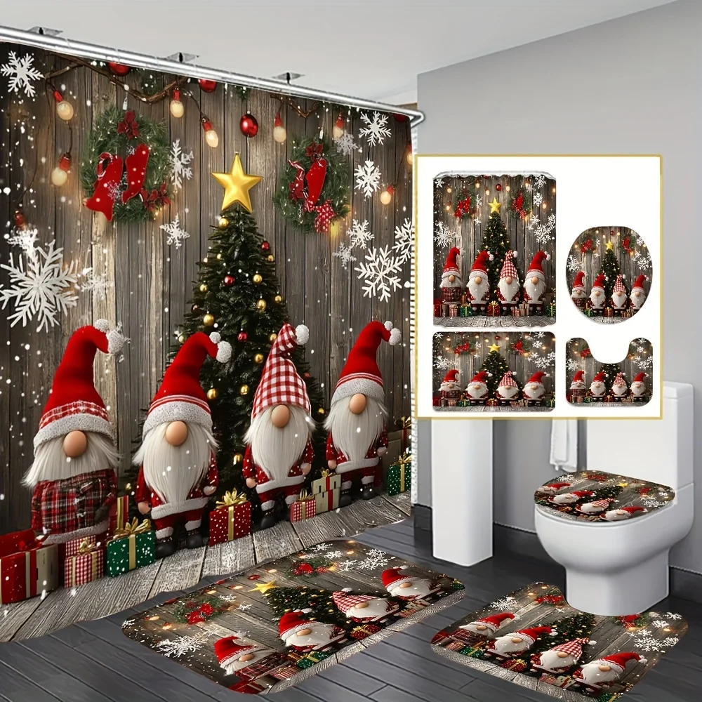 4pcs Christmas Gnome Bathroom Set - Santa Gnome Shower Curtain, Toilet Cover & Mats, Xmas Tree Decor, Festive Holiday Gift