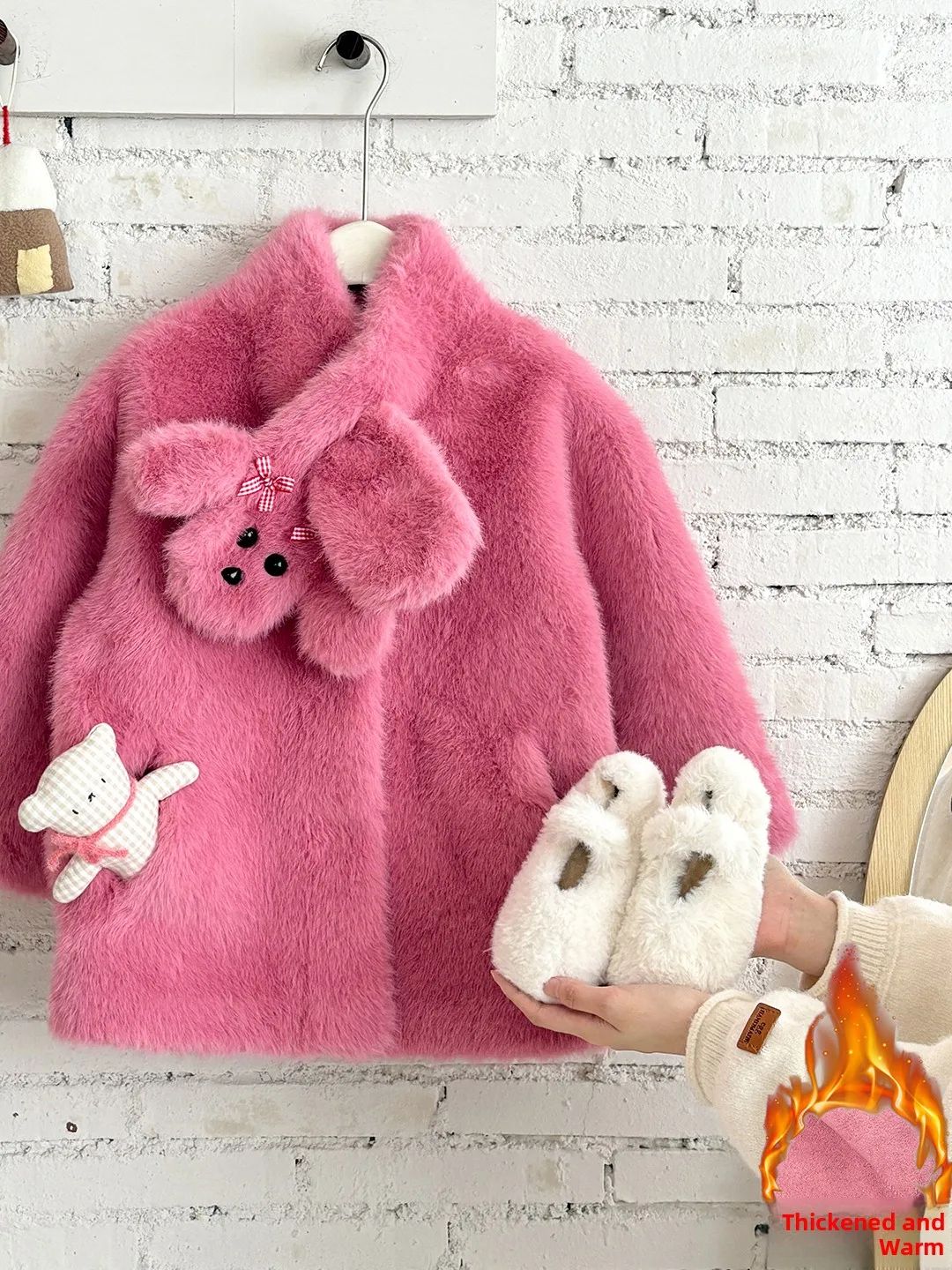 

Thiened Warm Faux Fur Jaet for Girls Winter Outerwear Sweet Sle Loose Fit Long Sve Stand Collar Single Button Closure