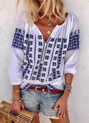 TEELYNN White Bohemia Tops Cotton Embroidery 2024 Autumn Blouse Shirt Women Casaul Loose V Neck Boho Pullover Camisas Mujer