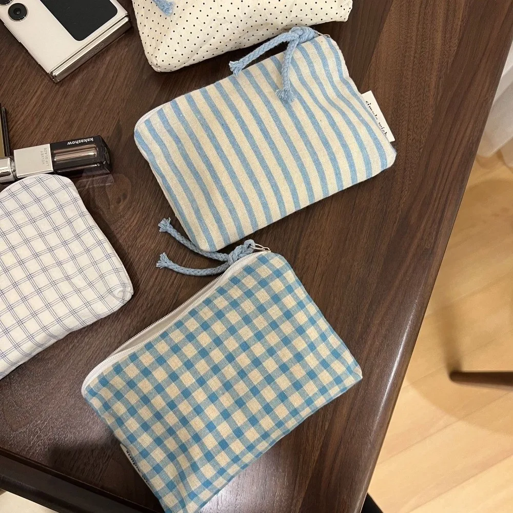 Cute Blue Striped Plaid Makeup Bag Mini Canvas Women's Wallet Coin Purse Cosmetic Organizer Bag