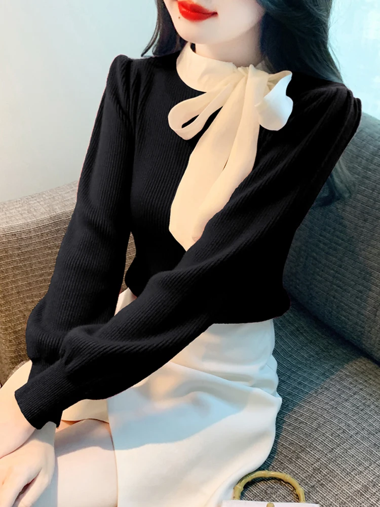 المرأة الخريف الشتاء موضة جديدة التباين اللون المرقعة الحياكة البلوفرات الكورية نمط الحلو مزاجه القوس سترة حمراء