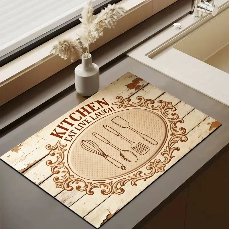 VIKAMA Light Wood Grain Line Utensil Kitchen Mat Non Slip Quick Dry Absorbent Kitchen Counter Drying Rug
