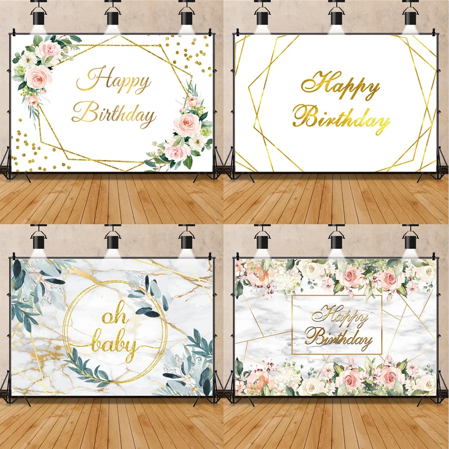

White Marble Photo 1AN Baby shower Backdrops Gold Line Happy Birthday Customized Poster Child Photocall Photographic Backgrounds
