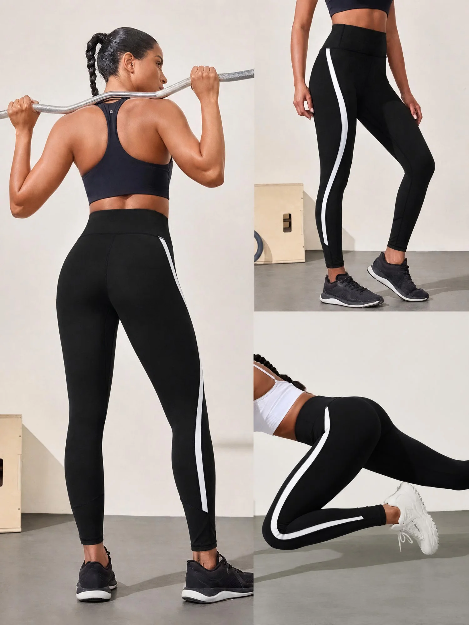 aily‑Gym Women Butt‑lifting Sports Leggings Black‑White Curved Side‑splicing High‑elastic Breathable Yoga Jogging Pants