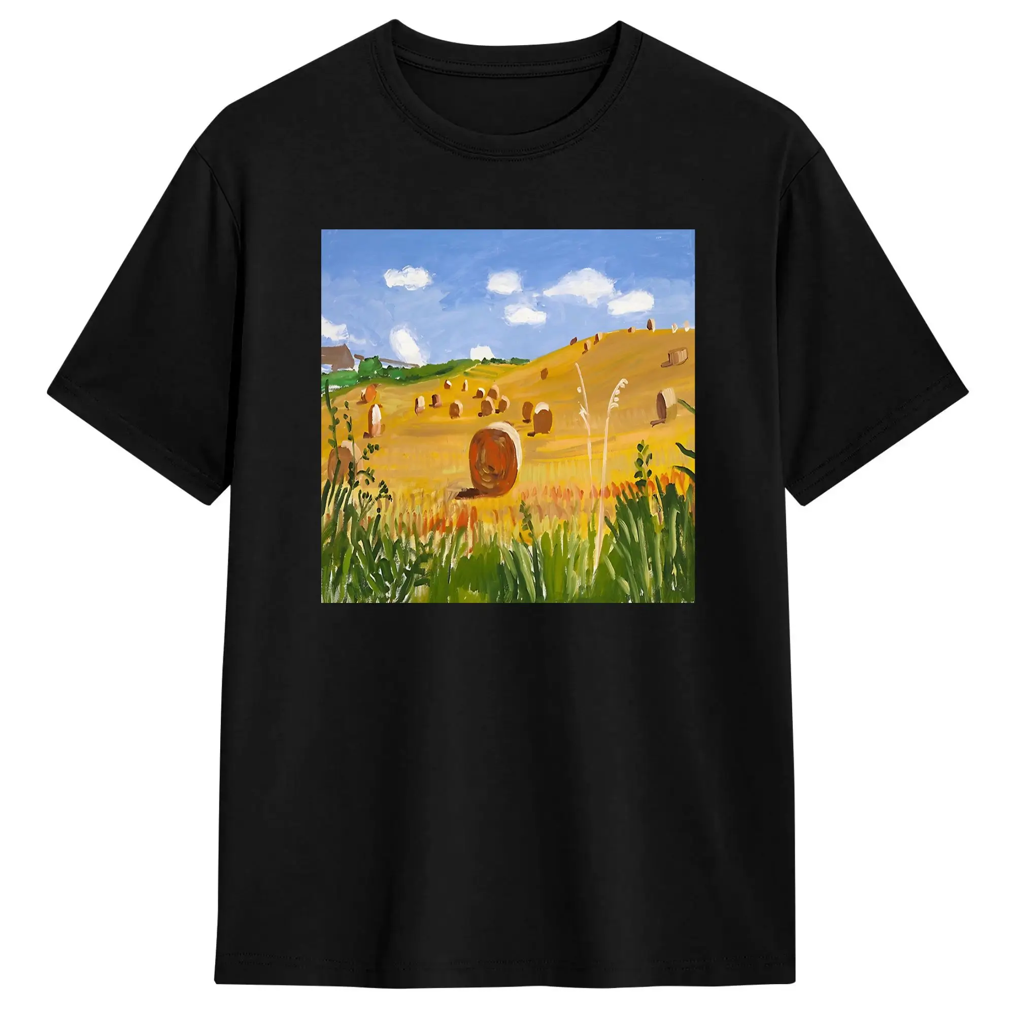 David Hockney First Hay Field Painting T Shirt Summer 100% Cotton T-Shirts For Men Hip Hop Printed Tshirt Short Sleeve Clothes