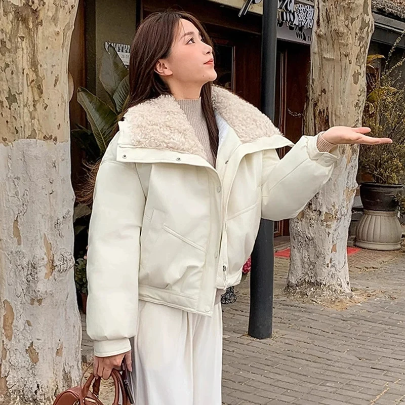 

Chic Faux Lamb Wool Parkas for Women Turn Down Collar Warm Parkas Woman Winter Zipper Up Thickened Leather Jacket Mujer