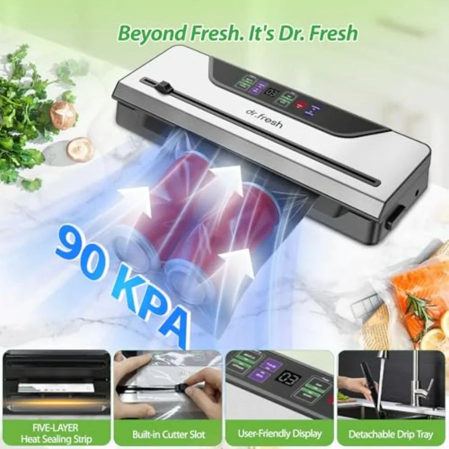 90Kpa Vacuum Sealer for Food Storage in Kitchen 10in1 Food Vacuum Sealer Machine with Mason Jar Kits Builtin Cutter Digital Tim