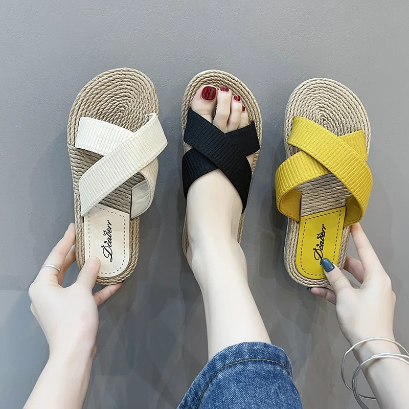 Solid Cloth Slippers for Women Shoes Peep Toe Ladies Casual Slides Female Cross Tie Beach Slippers Flat Shoes Woman