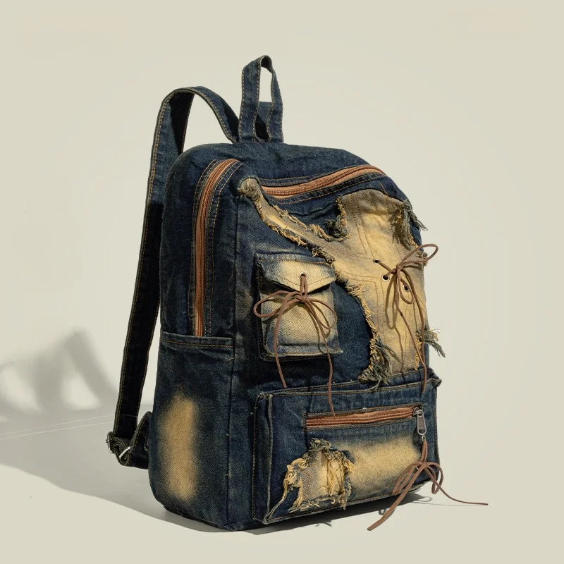 American Retro Campus Girls Bag Youth Anime Sports Denim Fashion Patchwork Rope Casual Blue Comfortable Zipper Backpack
