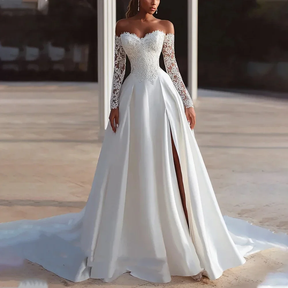 Elegant Sweetheart A-line Princess Wedding Dress Off Shoulder Long Sleeve Lace Decal Pleat Bride Dress Customized